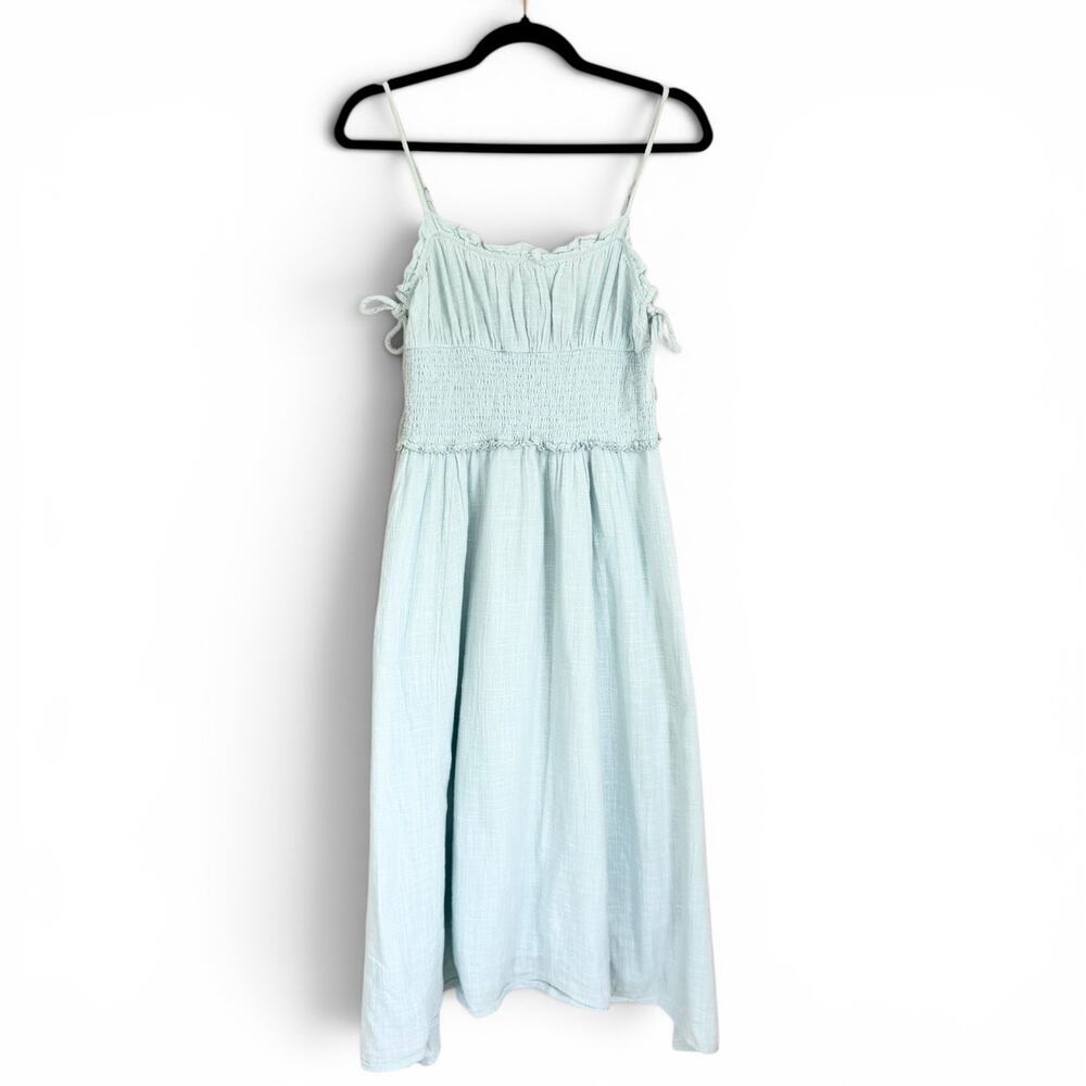 Urban Outfitters Mint Green Smocked Midi Dress Tie Sleeve Cotton Sundress M
